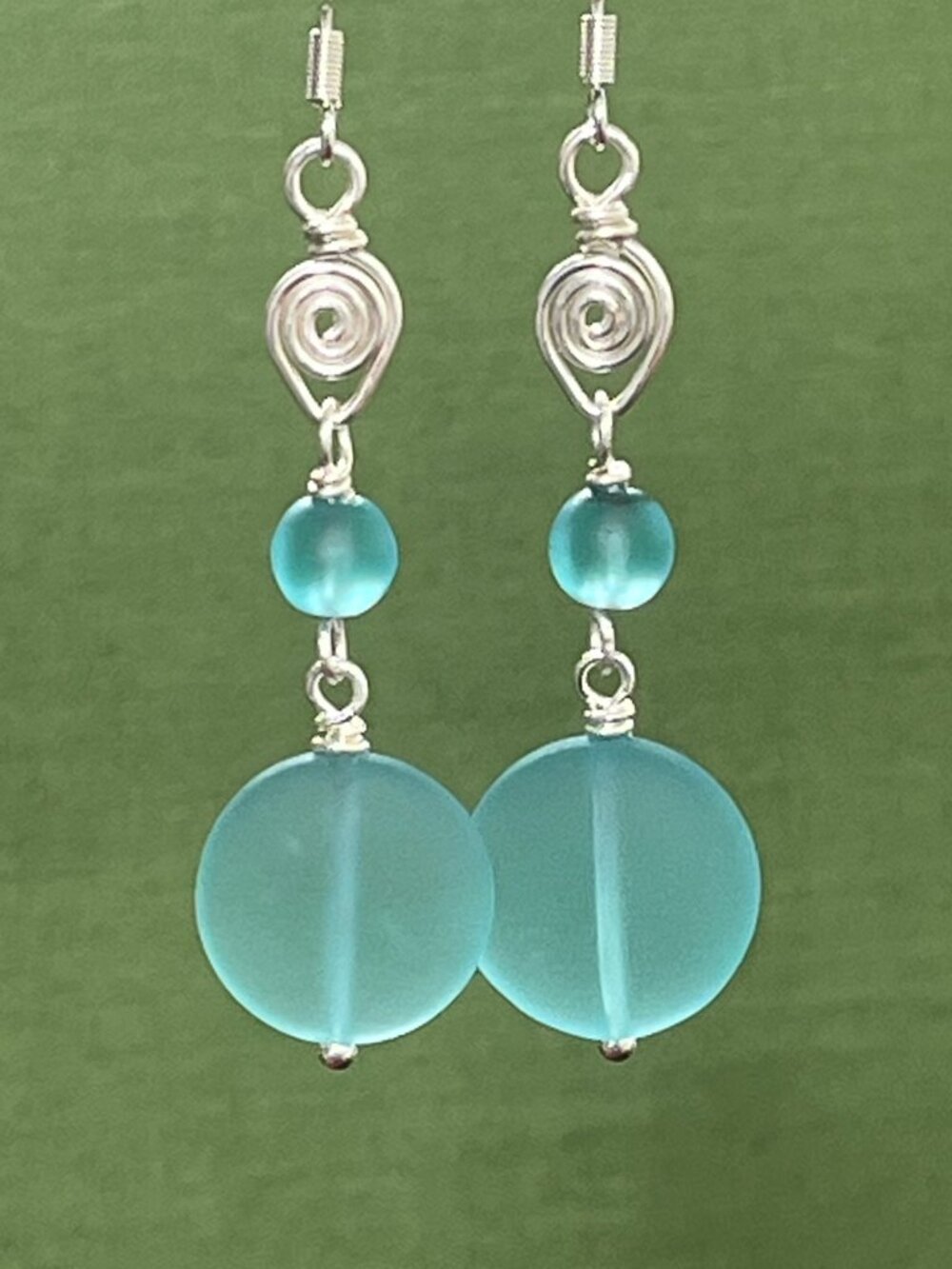 Coastal Aqua Sea Glass Inspired Coin Bead Earrings | Wire Wrapped Dangle Boho